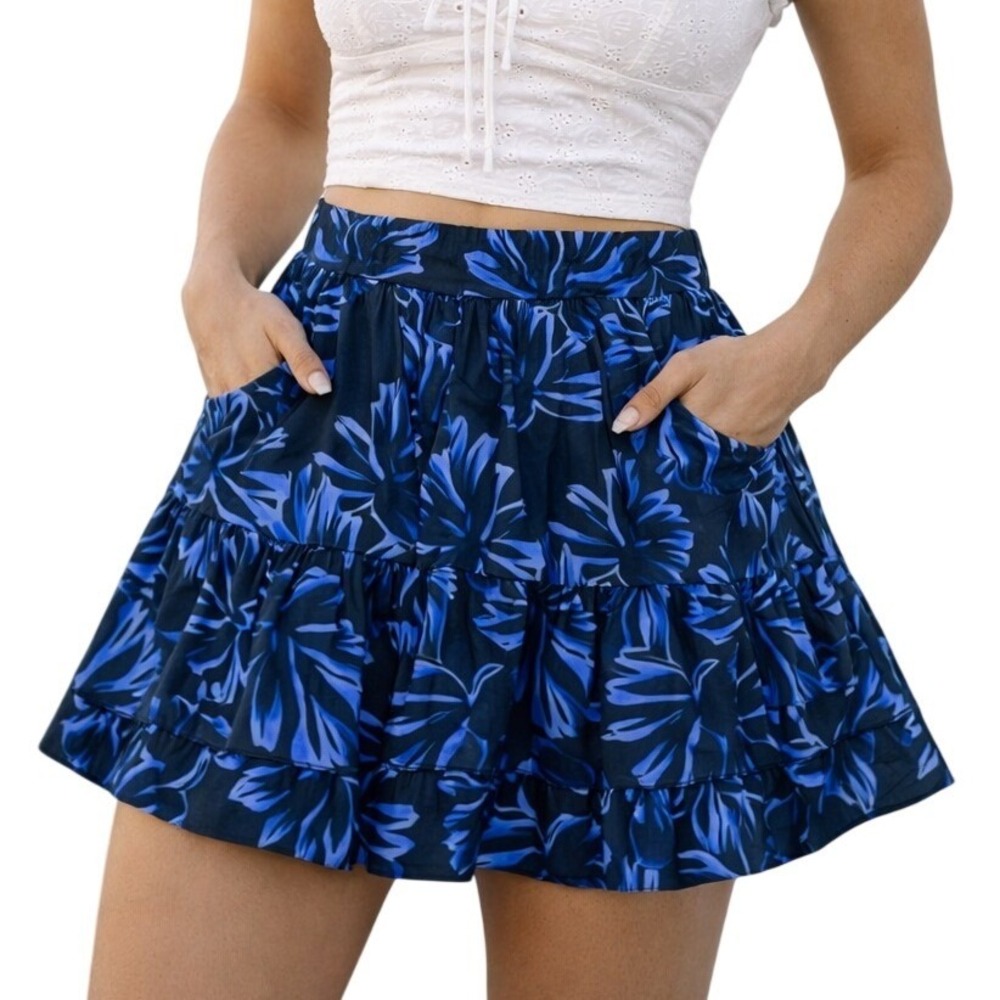 Who What Wear Y2K XS Blue Floral Tiered Cotton‎ Mini Skirt Elastic Back Black